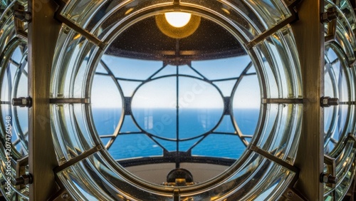 Lighthouse - Fresnel Lens Interior View with Brass Frame Looking Out Over Blue Ocean Horizon