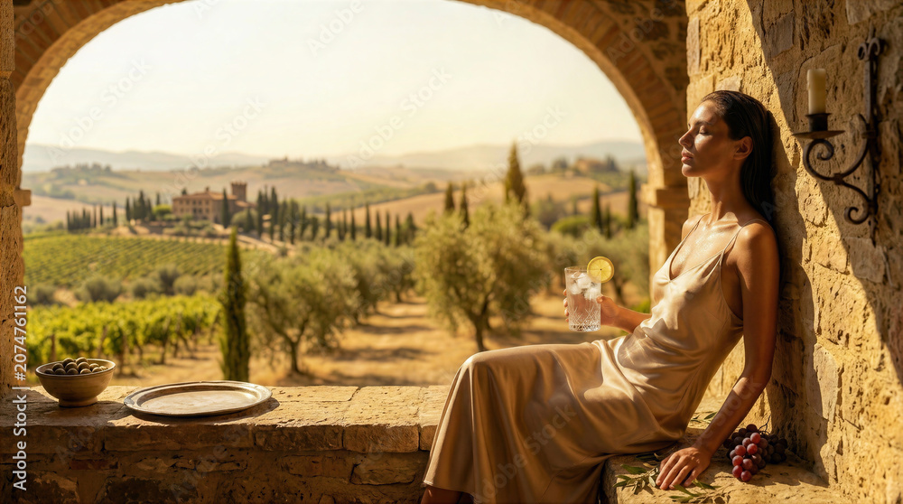 Fototapeta premium Elegant woman in silk dress relaxing on a stone terrace overlooking a Tuscan vineyard at sunset, holding a summer drink during a luxury Mediterranean vacation.