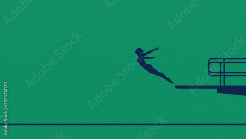 Minimalist composition of a dark blue silhouette of a woman diving from a springboard against a solid green background, offering ample copy space.