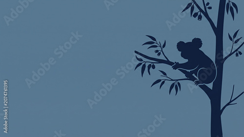 Minimalist composition of a dark silhouette of a koala clinging to a eucalyptus tree against a solid blue background, providing ample copy space.