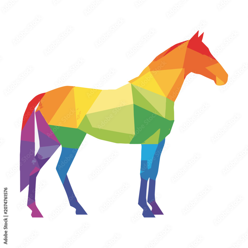Obraz premium Majestic horse silhouette composed of colorful geometric triangles in a vibrant rainbow palette arranged in a clean balanced composition modern art concept