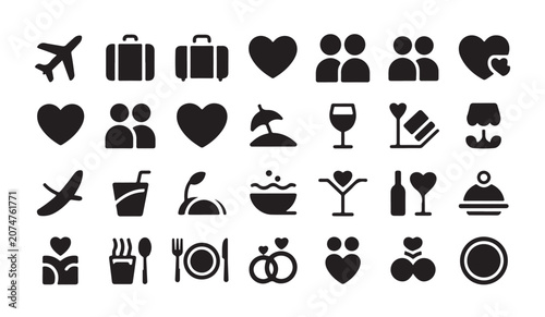 Canvastavla Romantic travel and vacation icons for honeymoon getaway and summer holiday trip planning