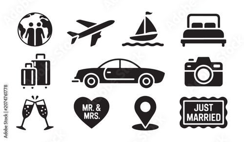 Fotografie Just married honeymoon travel symbols featuring car plane boat hotel and world map icons