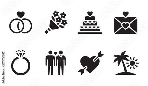 Foto Set of wedding and romance icons featuring love symbols for marriage and romantic events
