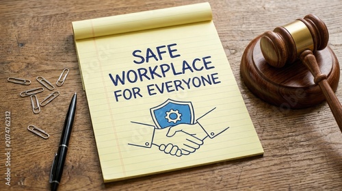 Yellow notepad with safe workplace for everyone written on it next to a wooden gavel
