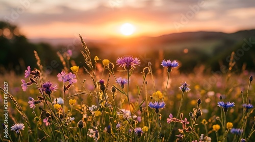 Meadow wildflowers backlit at sunset, warm rim light on petals, bokeh background
