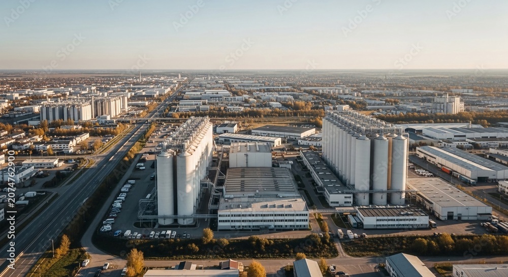 Fototapeta premium Expansive Industrial Manufacturing Complex with Tall Silos and Warehouses Under Clear Sky