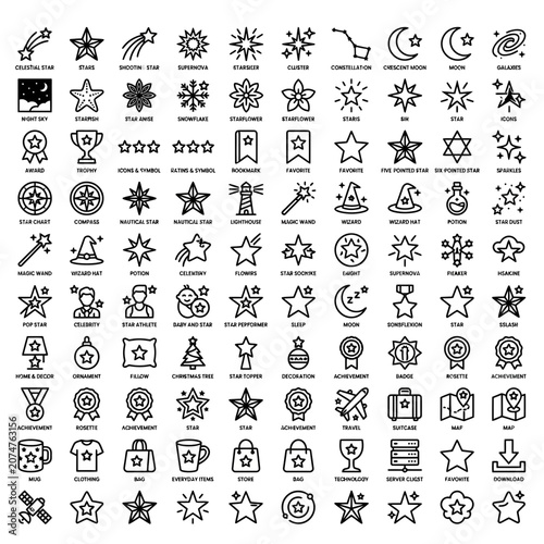 Schilderij op canvas Collection of Star Icons, Celestial Objects, Awards, and Symbols