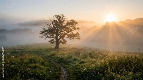 Single oak tree in open field at golden hour, long shadow, dramatic sky, no people
