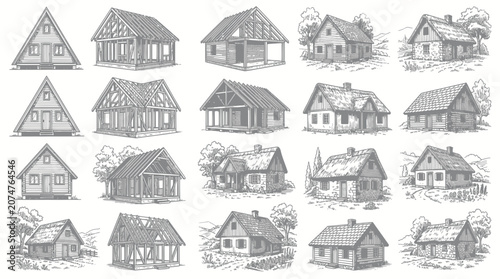Fotografie Hand-drawn architectural sketches of various houses and building construction st