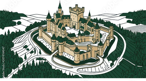Fotografie Medieval Castle Fortress on Hilltop Surrounded by Greenery and Fields - Illustra