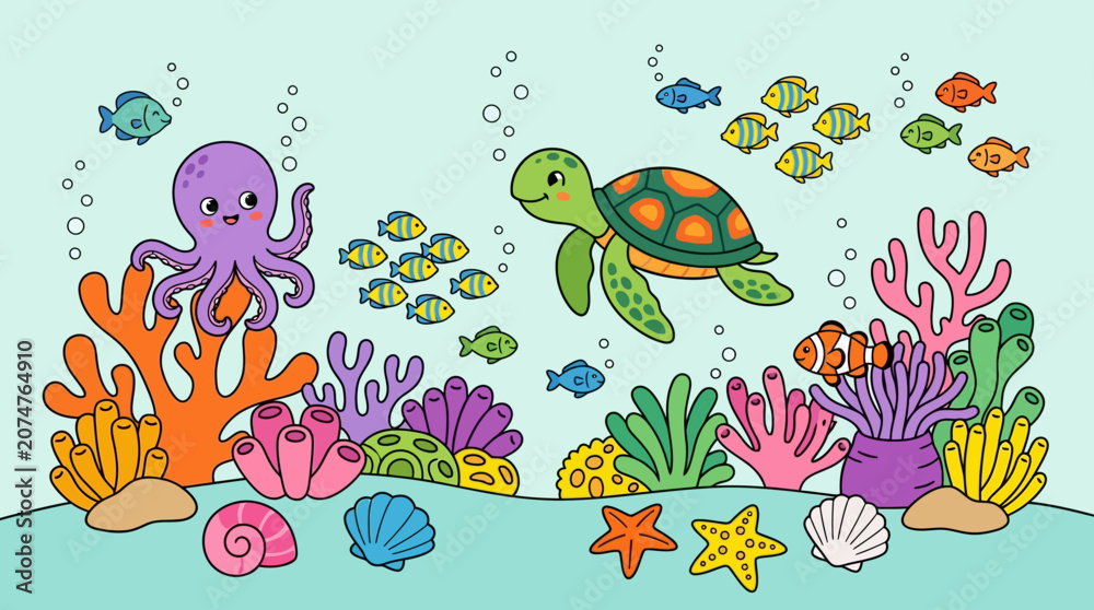 Obraz premium Cute cartoon underwater sea life with octopus turtle and coral reef
