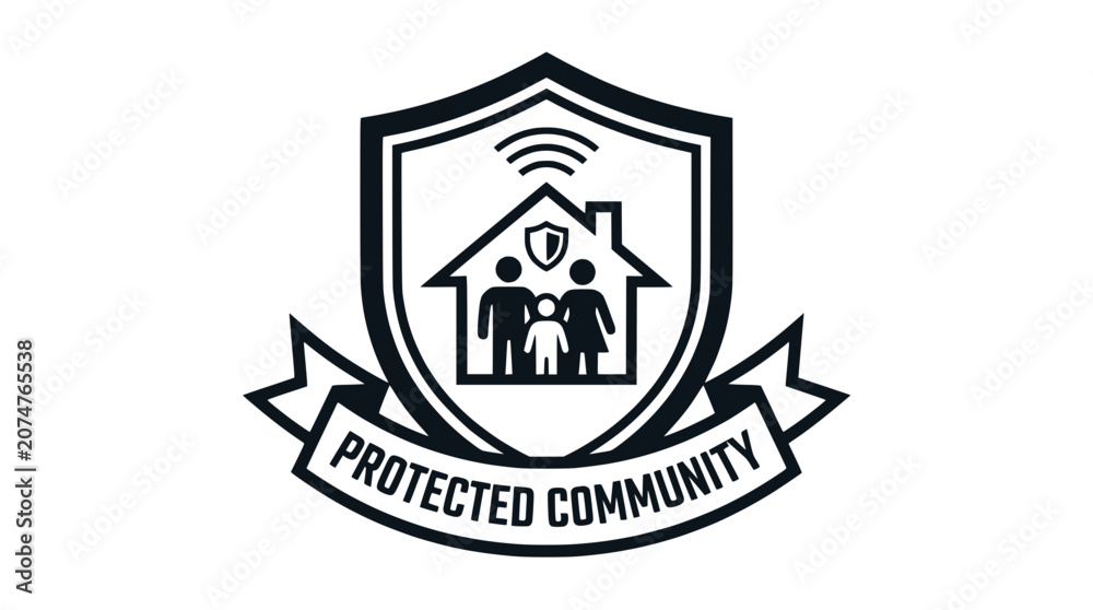 Fototapeta premium Protected Community Shield with Family and House Icon, Security and Safety Concept
