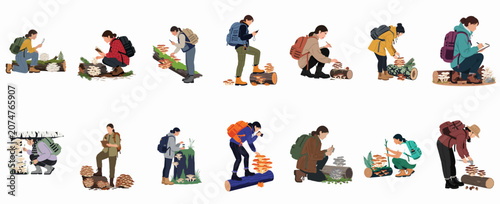 Obraz na plátně Flat vector illustration set of women researchers and hikers studying, photographing, and foraging for wild mushrooms on logs in the forest