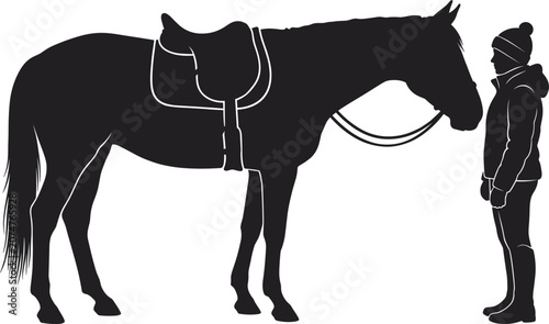 Tablou pe pânză Saddled Horse and Female Rider Standing Side View Black Silhouette Vector Icon f