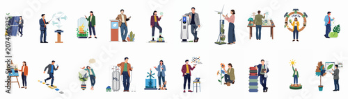 Φωτογραφία A diverse collection of sixteen flat illustrations showcasing professionals working with renewable energy, sustainable technologies, and environmental innovation for a greener future