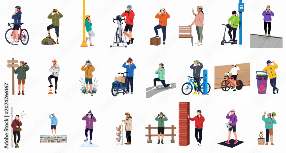 Fototapeta premium Diverse collection of people in active outdoor gear, including cyclists and hikers, wearing helmets and sportswear, illustrated in a flat vector style.
