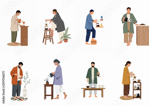 Photos Minimalist flat vector illustration set of diverse people brewing specialty pour-over coffee in various relaxed home settings, isolated on white background