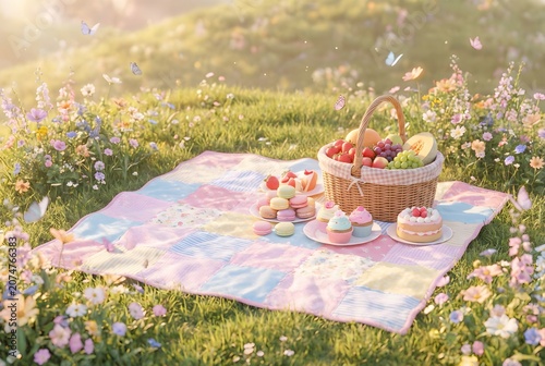 Spring Picnic in Blooming Meadow with Sweet Desserts and Fresh Fruits