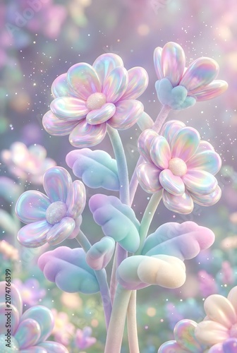 Dreamy Iridescent Fantasy Flowers with Pearlescent Petals in a Magical Pastel Garden Background