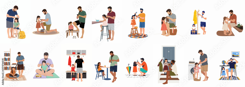 Fototapeta premium Flat Vector Illustrations of Fathers Styling Their Daughters' Hair in Various Daily Situations