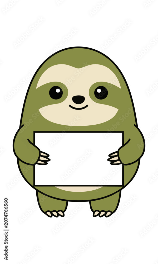 Fototapeta premium Cute cartoon sloth holding a blank rectangular sign isolated on a white background minimalist character design