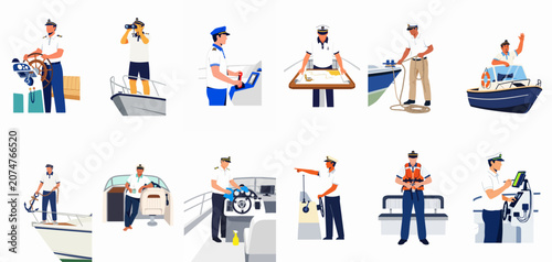 Bild auf Leinwand Collection of flat illustrations showing boat captains and sailors performing various maritime duties on yachts and motorboats