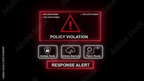 Cybersecurity policy violation warning interface with red neon alert digital system security breach notification, data protection failure notification, and emergency network response hud overlay