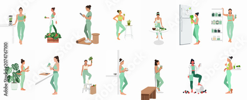 Schilderij op canvas Set of flat vector illustrations featuring a woman in green sportswear engaged in various healthy lifestyle activities like making smoothies and preparing nutritious meals