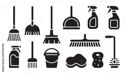 Foto Housekeeping tools and janitorial accessories icons including brooms sponges and buckets