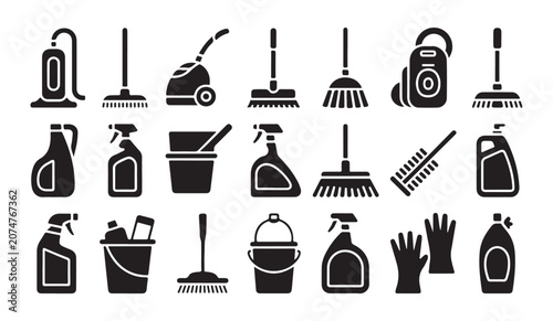 Fotografía Janitorial equipment icons collection featuring vacuum cleaners mopping sets and sprayers