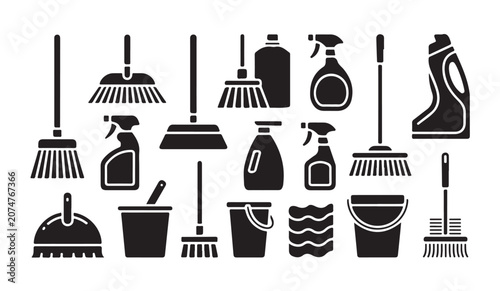 Floor cleaning tools and household maintenance icons set with buckets and sweeping brooms.
