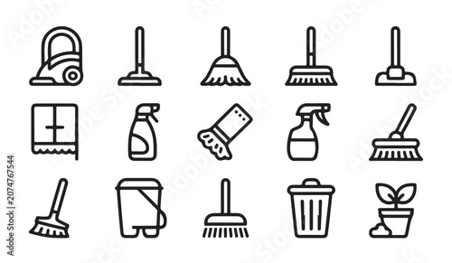 Household cleaning tools and equipment outline icons, essential items for home maintenance.
