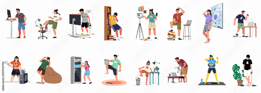 Fototapeta premium Set of diverse characters illustrating workplace frustration, including technical issues, software bugs, system crashes, and high stress levels in a flat vector style.