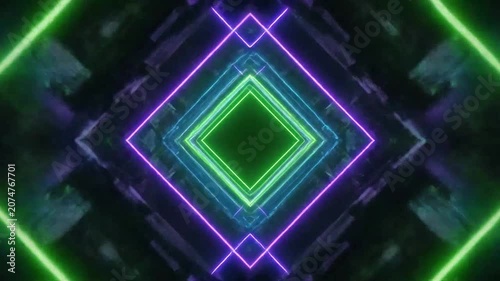 Abstract neon geometric tunnel with glowing blue and green lines