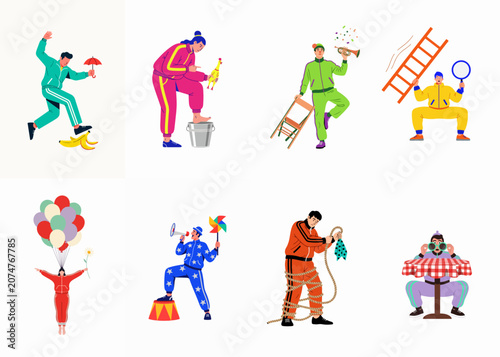 Tableau sur toile Set of quirky cartoon characters in vibrant tracksuits performing various absurd and humorous stunts, isolated on a clean white background