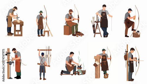 Valokuva Set of flat vector illustrations depicting a craftsman bowyer at various stages of making traditional wooden longbows in his workshop