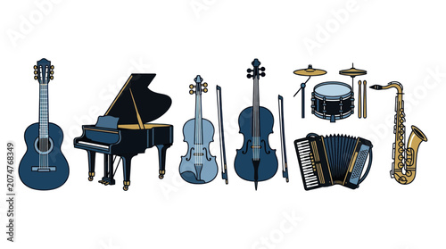 Bild auf Leinwand Collection of Musical Instruments - Piano, Guitar, Violin, Cello, Saxophone, Acc