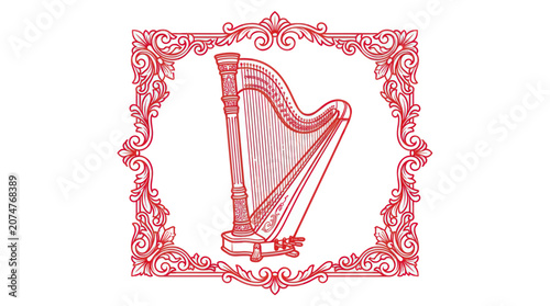 Bild auf Leinwand Elegant Red Harp Illustration Inside Ornate Frame
