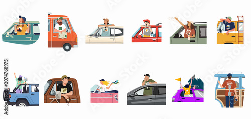 Fotografie Collection of diverse people on road trips in various vehicles, featuring flat illustrations of travelers enjoying adventures, summer vacations, and scenic journeys