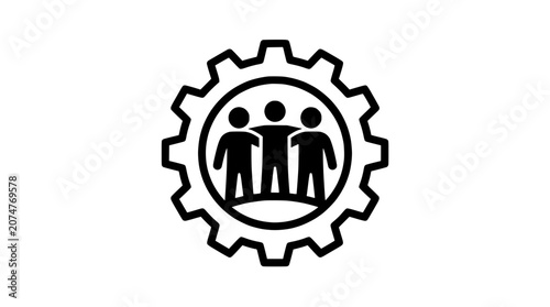 Teamwork gear icon, people inside cogwheel, collaboration and industry concept