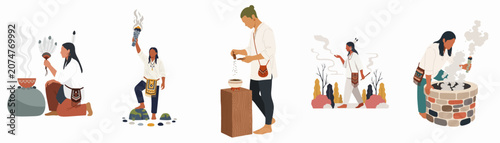 Flat vector illustration set of indigenous people performing spiritual rituals, smudging ceremonies, and traditional healing practices with smoke and herbs.