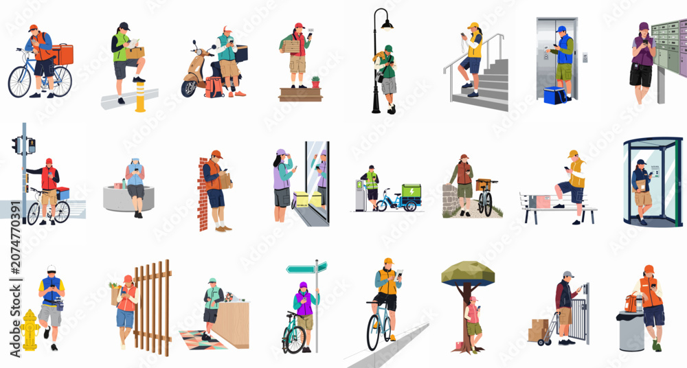 Naklejka premium Set of delivery couriers using smartphones while delivering packages, food, and mail by bicycle, scooter, and foot in various city locations.