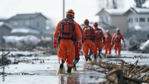 Group of emergency rescue workers in bright orange suits walking through a snowy landscape during a disaster relief mission with backpacks and safety helmets