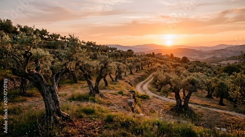 Olive grove at sunset, gnarled trees, warm Mediterranean light, no people
