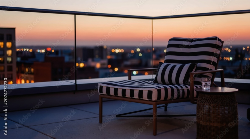 Naklejka premium Modern striped lounge chair on a city rooftop balcony at dusk. A glass of water sits on a small woven table beside the chair. The urban skyline glows with evening lights.