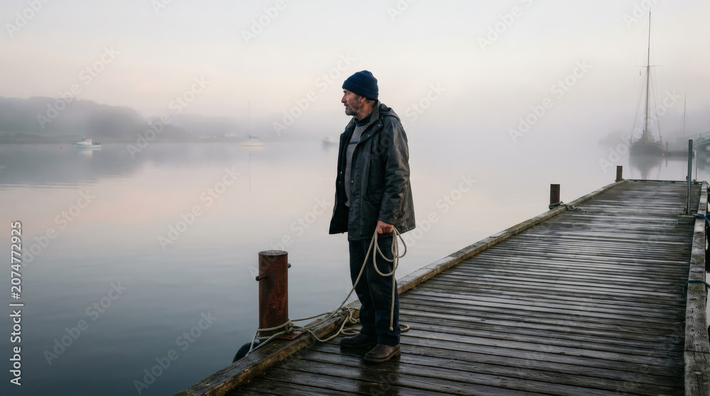 Naklejka premium Lone Fisherman Standing on Wooden Dock in Foggy Morning
