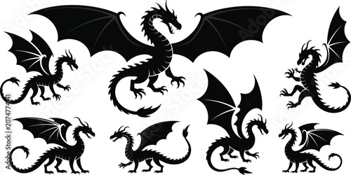 Cuadro en lienzo Collection of six dragon silhouettes with wings, claws, and fierce poses in bold