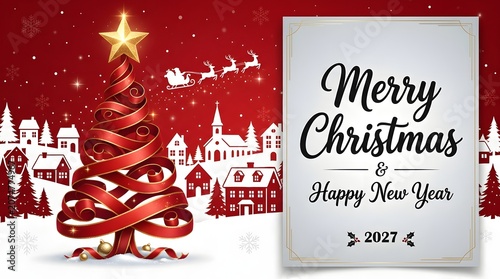 Merry christmas and happy new year 2027 festive holiday card with red ribbon tree