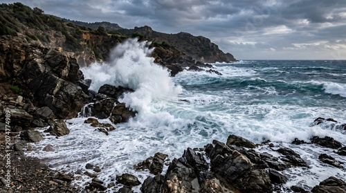Dramatic ocean waves crashing onto rugged rocks along the coastline, showcasing the raw power of nature.